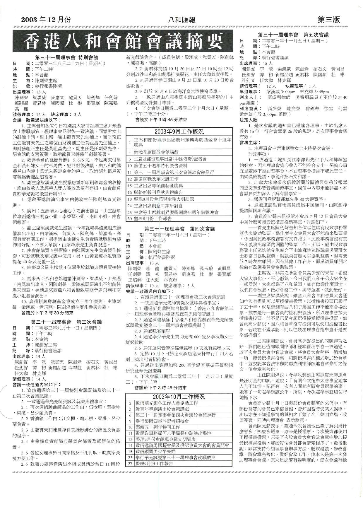 香港八和會館第三十一屆理事會特別會議、第三至五次會議議程及辦公室報告（2003年9月至10月）