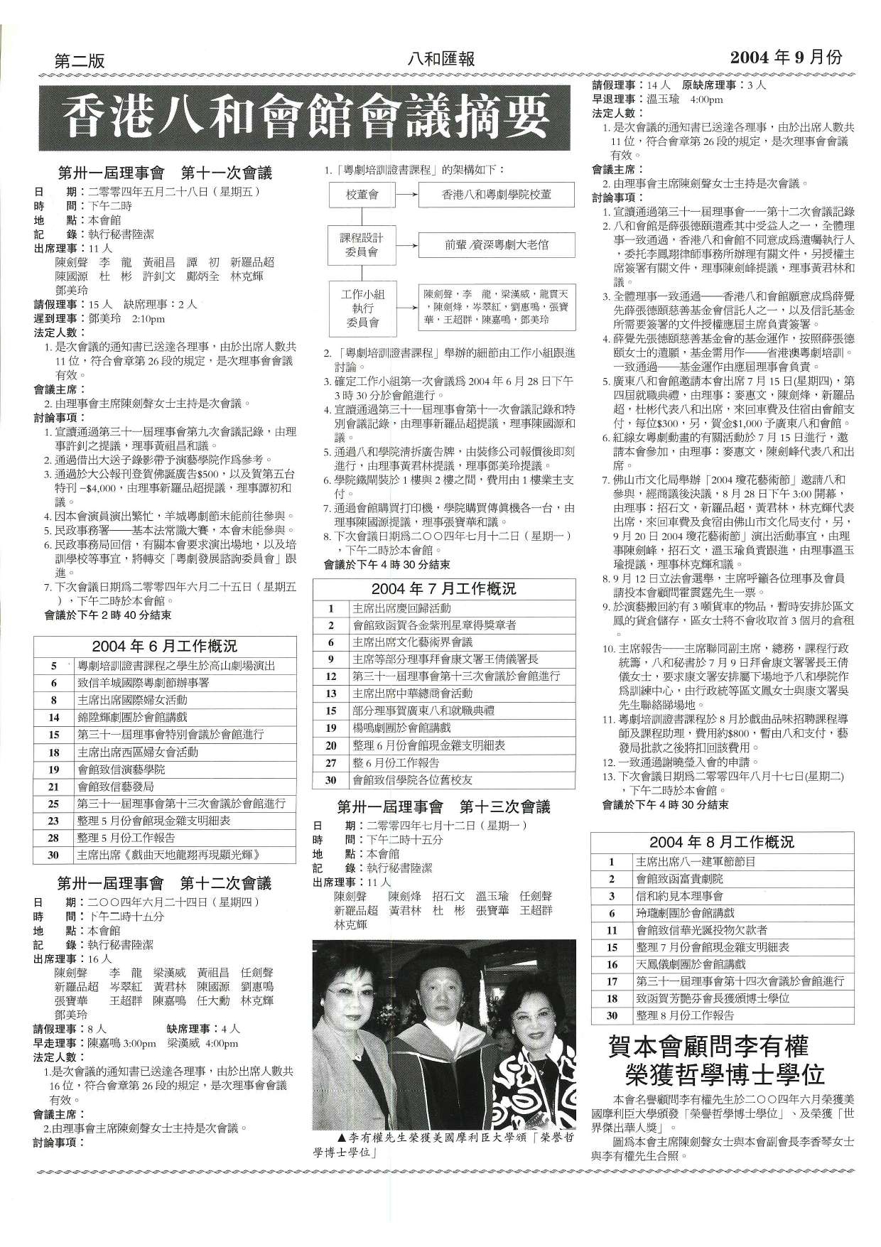 香港八和會館第三十一屆理事會第十一至十三次會議議程及辦公室報告（2004年6月至8月） | 賀本會顧問李有權榮獲哲學博士學位