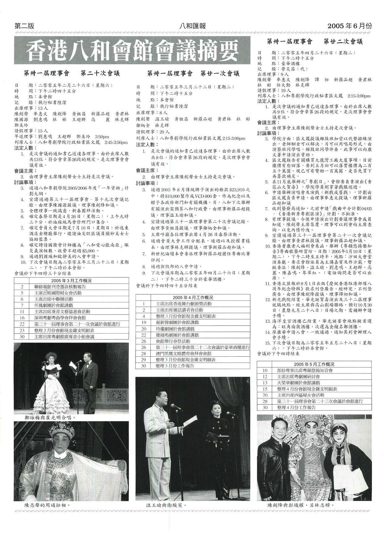 香港八和會館第三十一屆理事會第二十至二十二次會議議程及辦公室報告（2005年3月至5月）