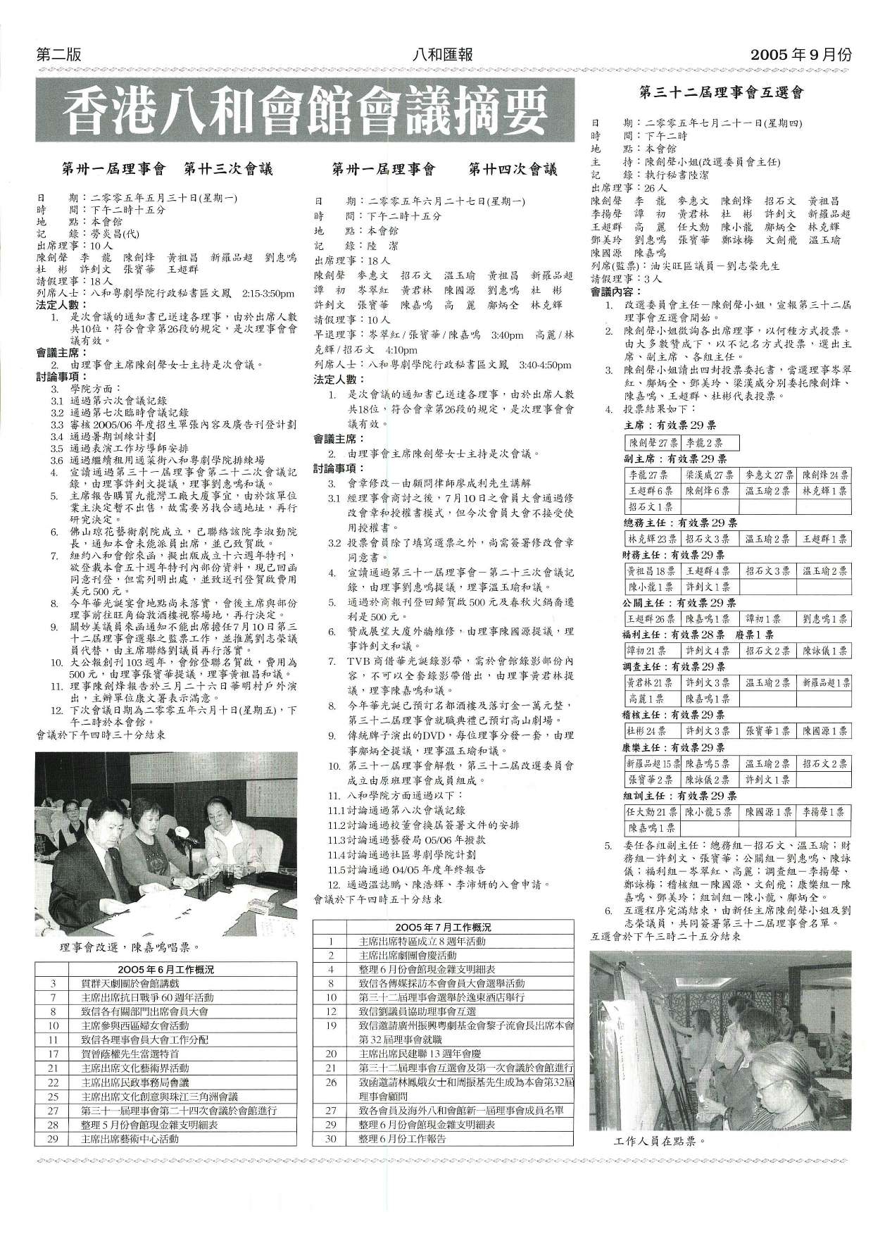 香港八和會館第三十一屆理事會第二十三至二十四次會議議程、第三十二屆理事會互選會會議議程及辦公室報告（2005年6月至7月）