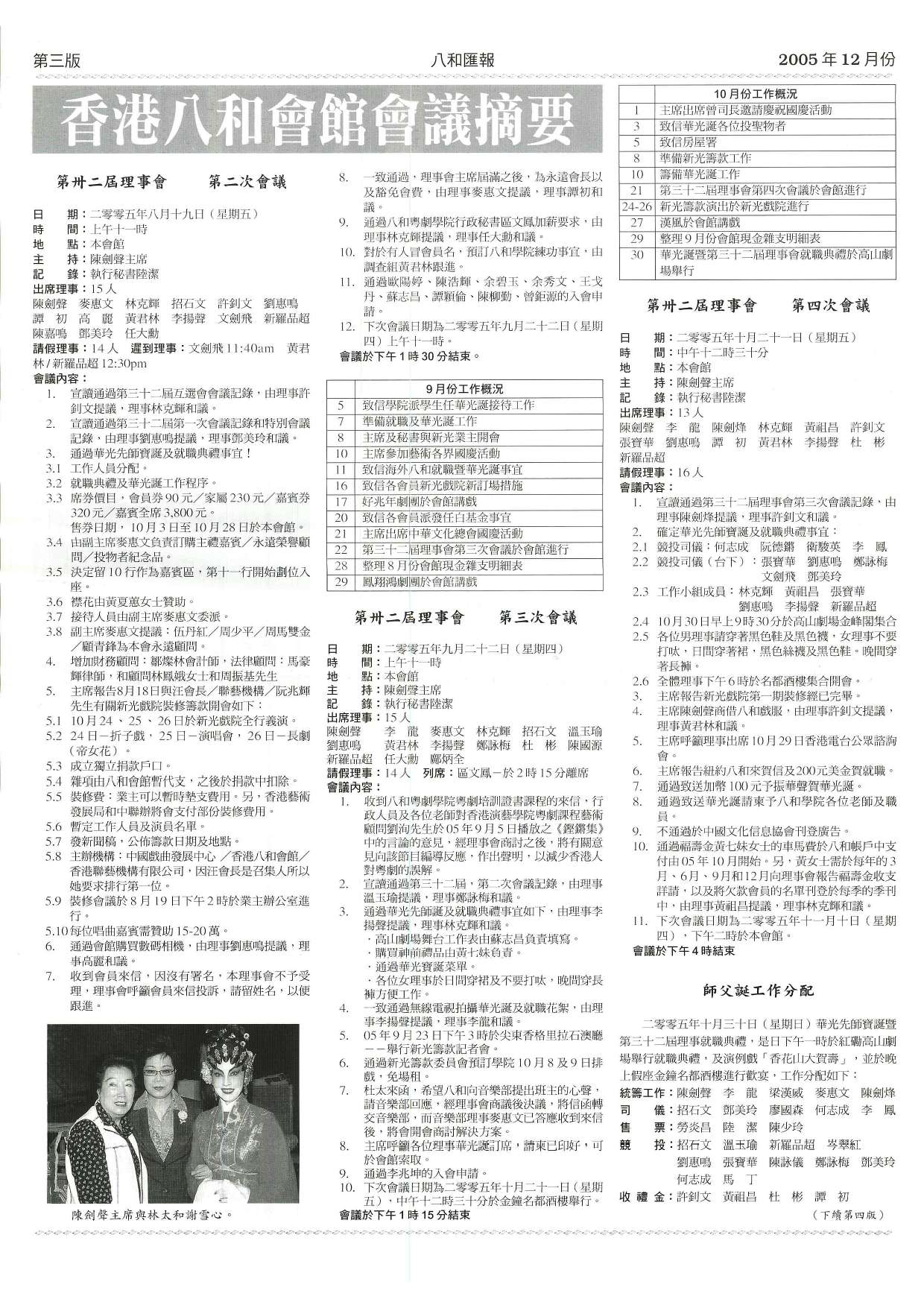香港八和會館第三十二屆理事會第二至四次會議內容及辦公室報告（2005年9月至10月）