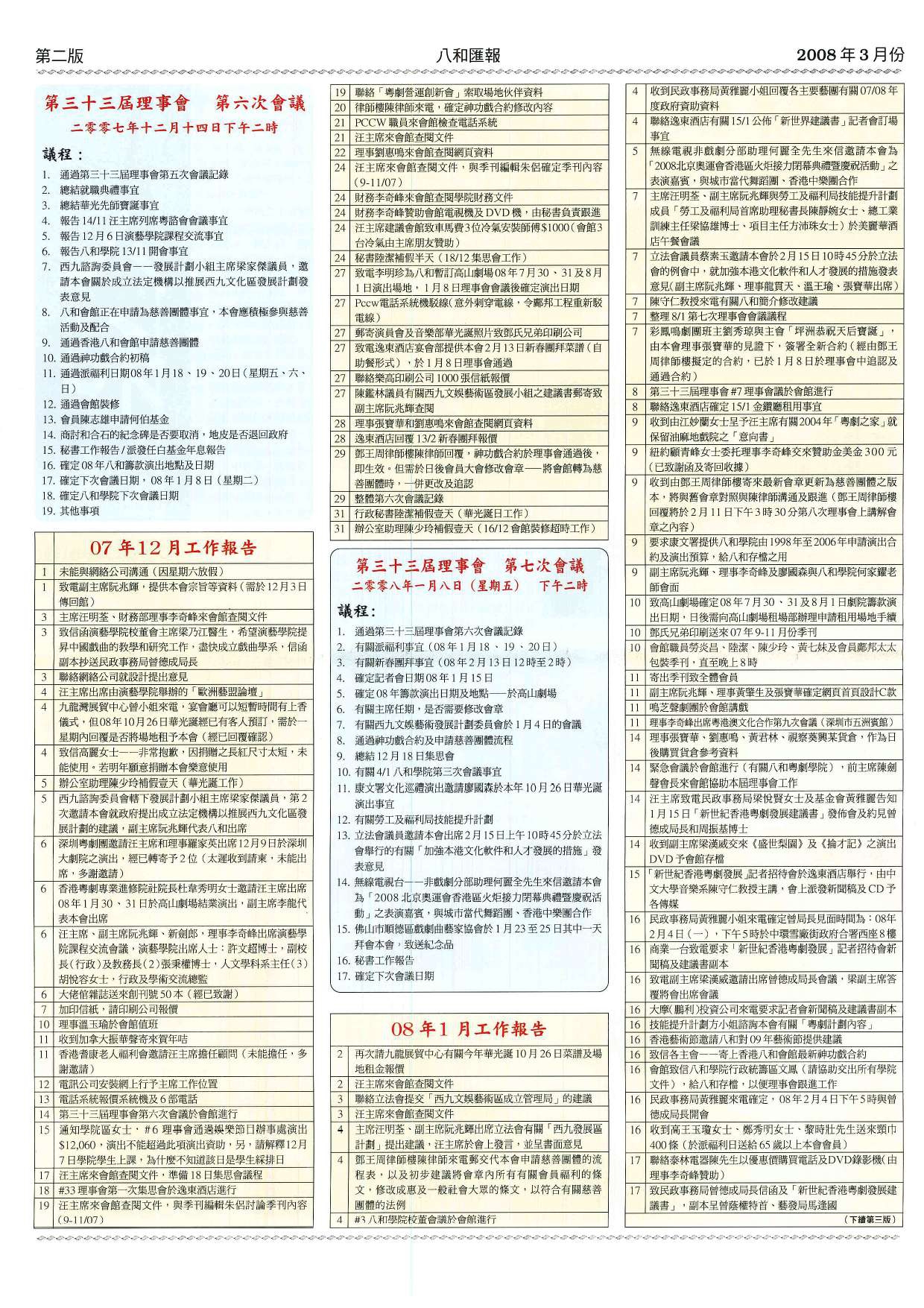 香港八和會館第三十三屆理事會第六至第七次會議議程及辦公室報告（2007年12月至2008年1月）